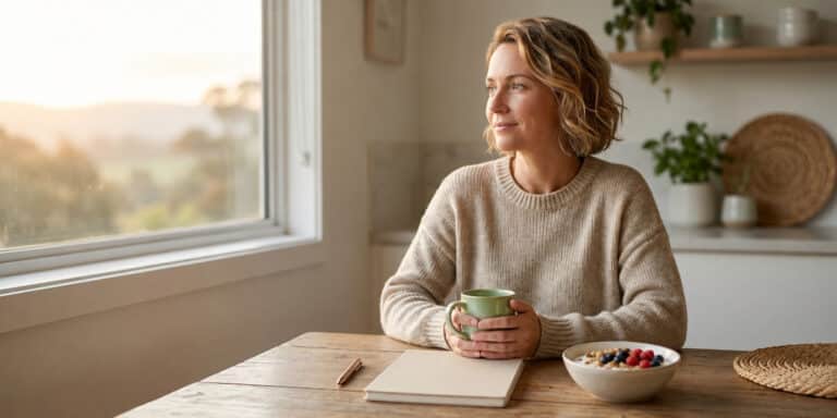 Woman reflecting with a journal and balanced breakfast for an article about hypnosis for weight loss.