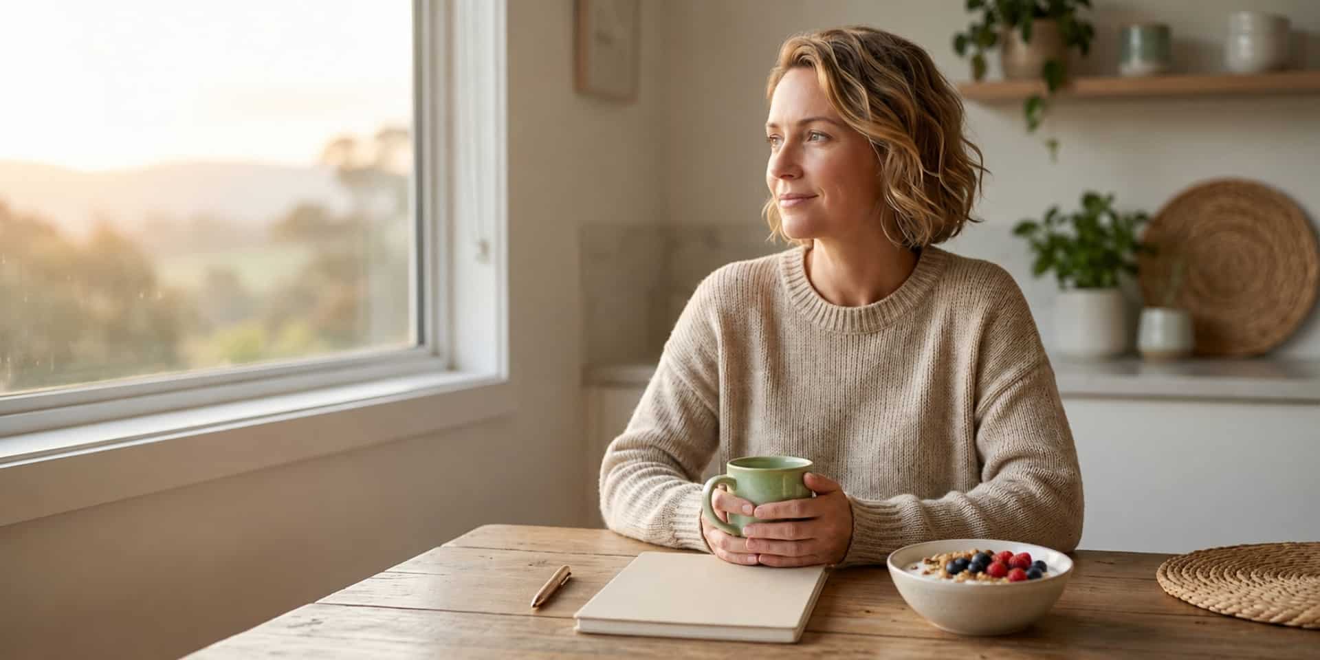 Woman reflecting with a journal and balanced breakfast for an article about hypnosis for weight loss.