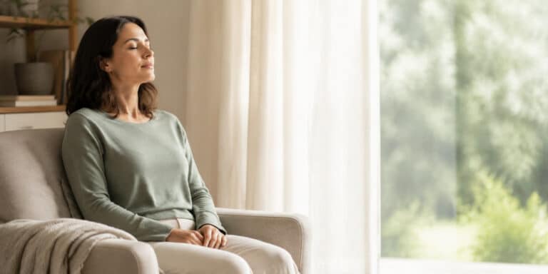 Woman practising relaxation techniques for anxiety in a quiet, naturally lit room