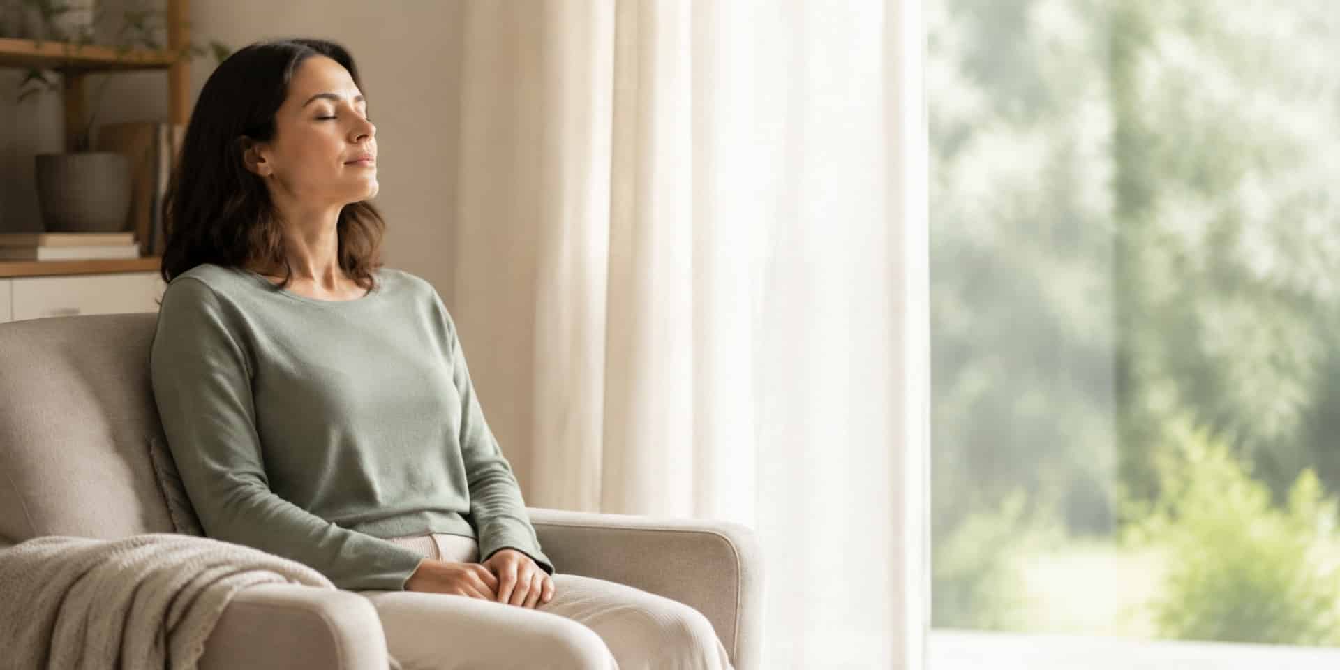 Woman practising relaxation techniques for anxiety in a quiet, naturally lit room