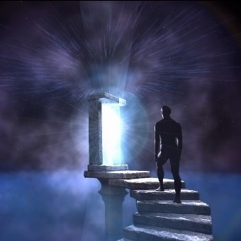 man walking through door way to past life regression