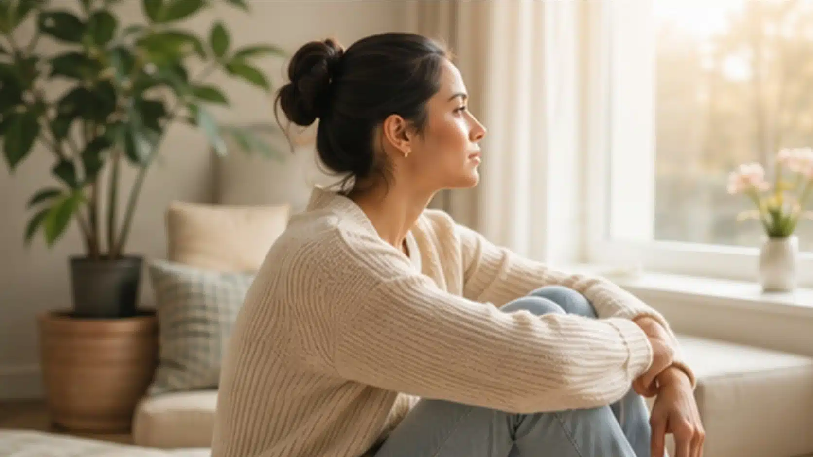 Woman sitting quietly by a window while reflecting on anxious thoughts