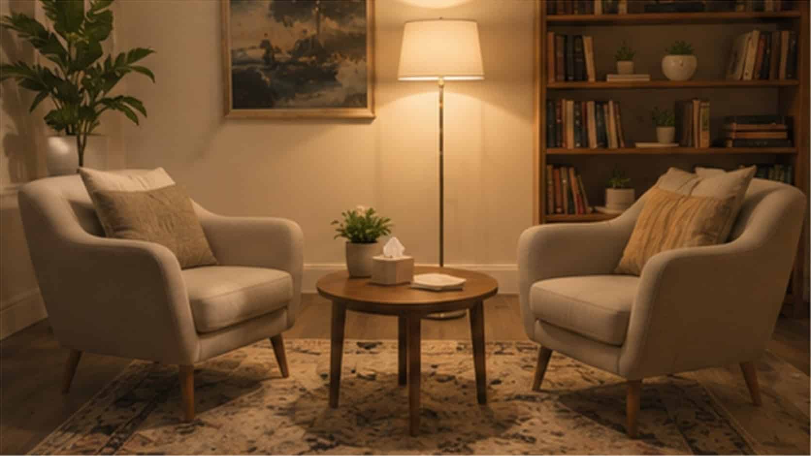 Comfortable counselling room prepared for a private support session