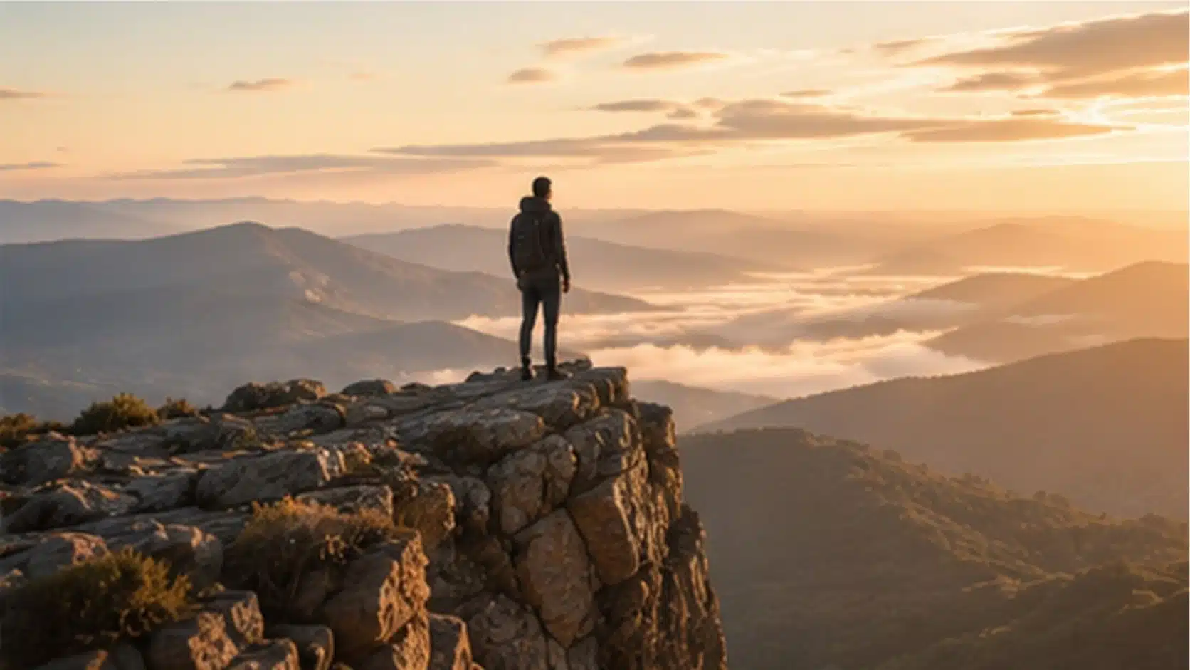 Person overlooking a mountain landscape while facing a personal challenge