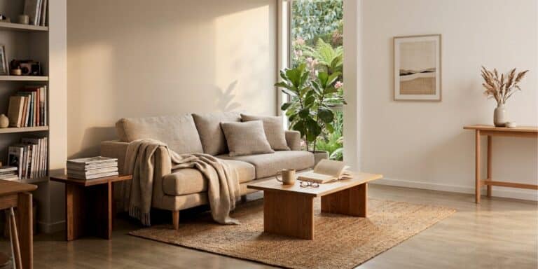 Calm, organised living room illustrating how your home environment affects stress and everyday wellbeing.