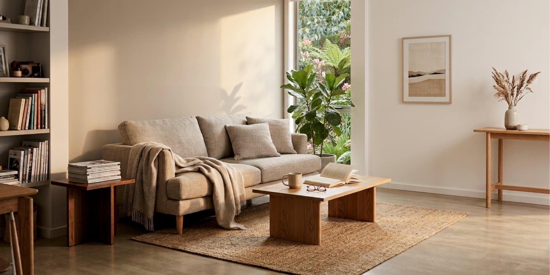Calm, organised living room illustrating how your home environment affects stress and everyday wellbeing.