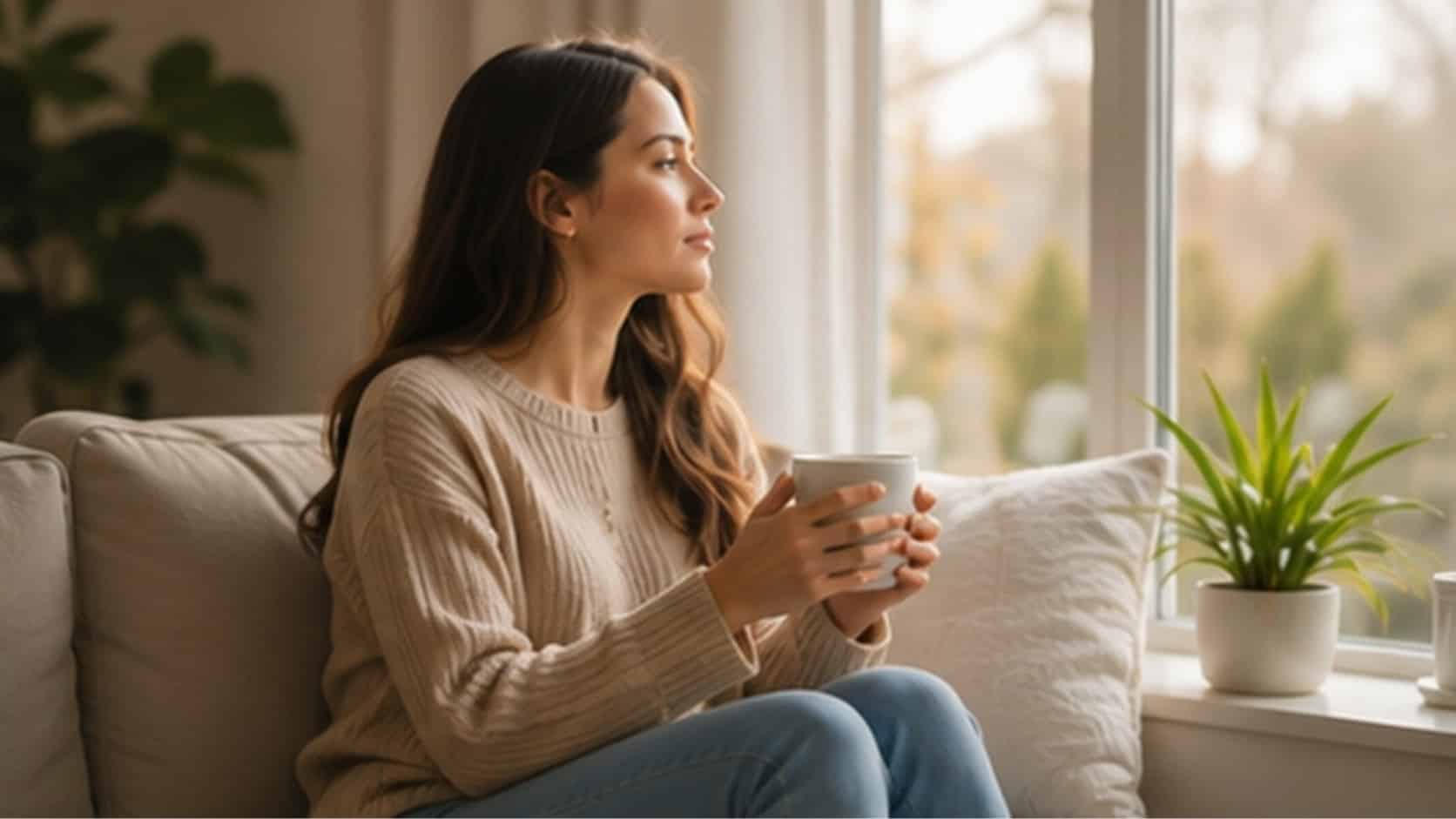 Woman sitting calmly at home with a warm drink during a quiet moment