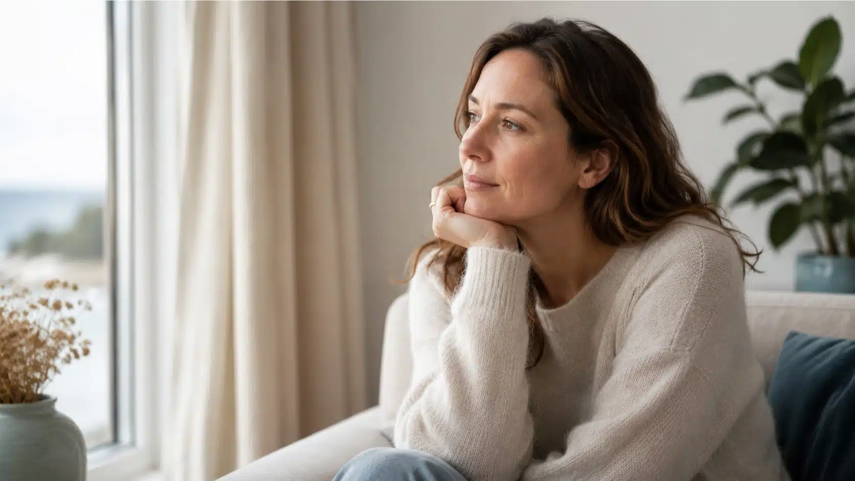 Woman reflecting on her thoughts and emotional wellbeing
