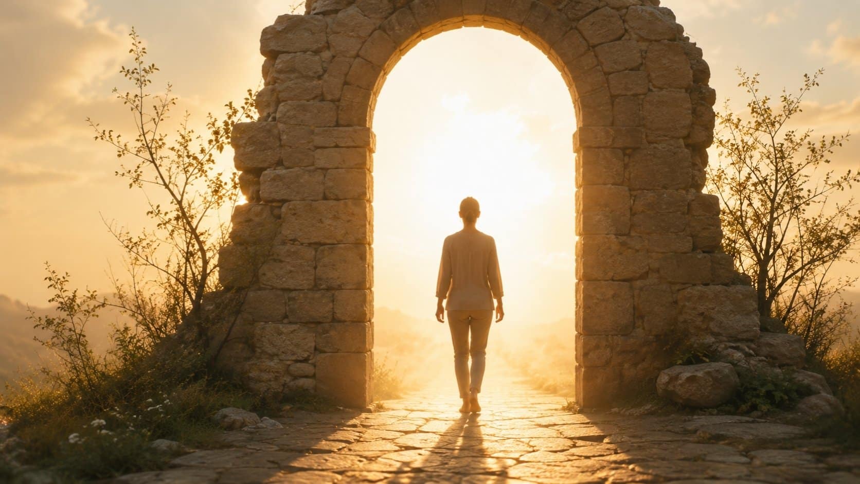 Person walking towards a glowing stone archway during a symbolic regression journey
