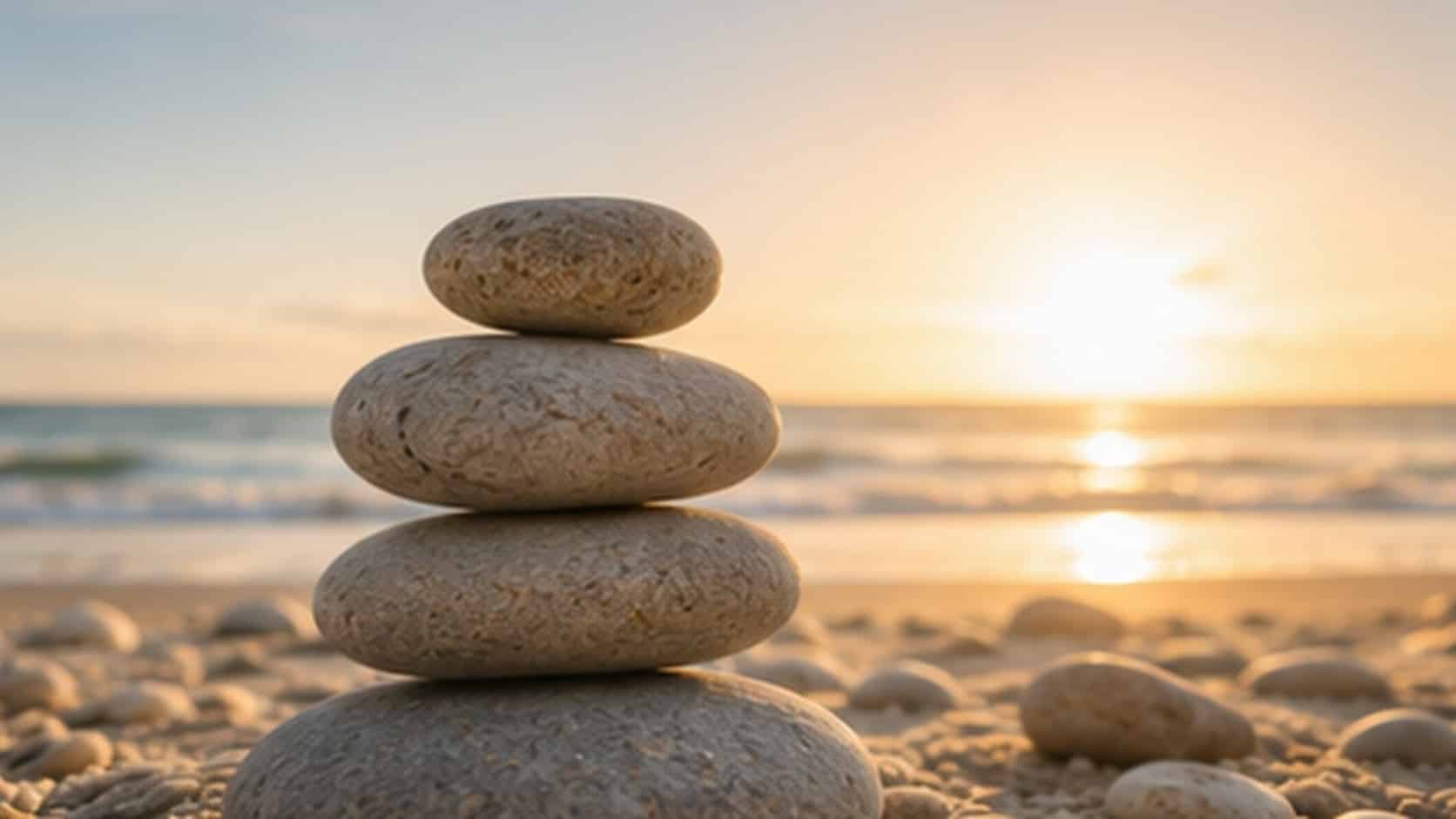 Balanced stones beside the sea representing calm and stress relief