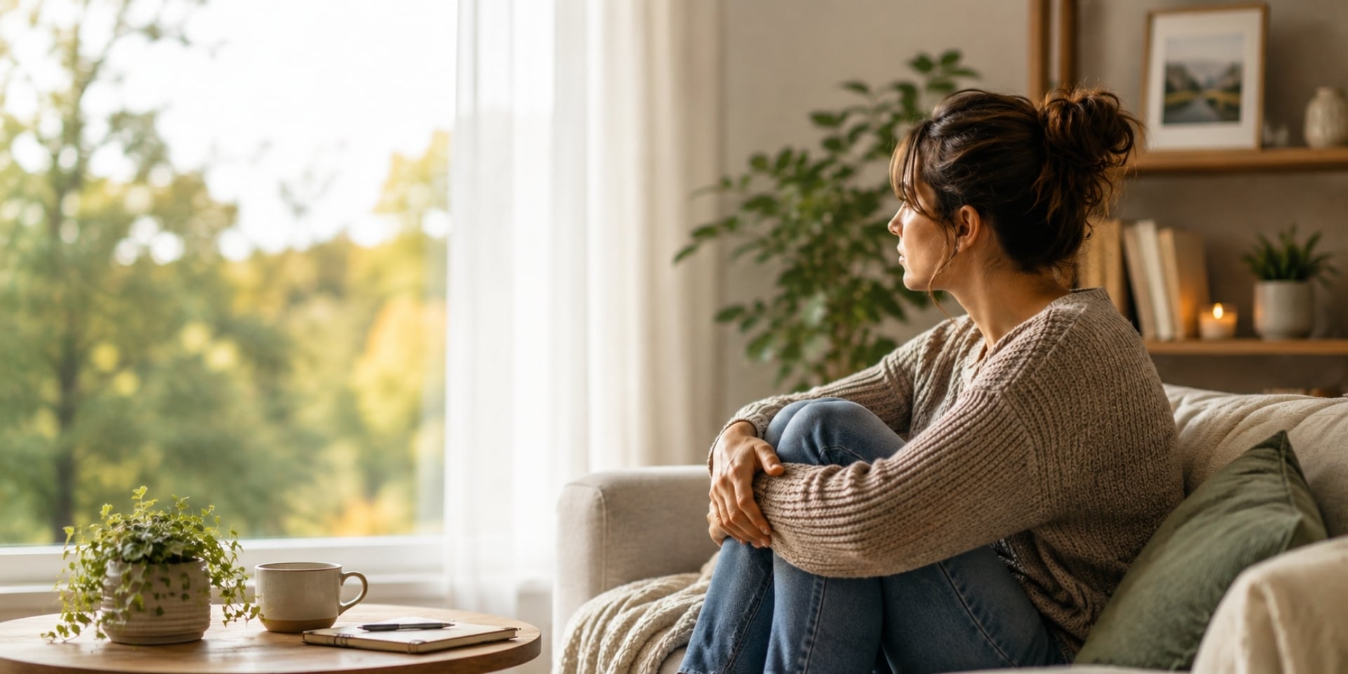 Woman sitting on a sofa looking out the window after a frightening or traumatic event